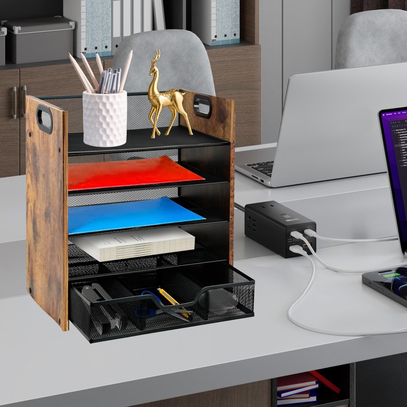 Boershun Wood Desk Organizer - 5-Tier Desktop File Organizer with