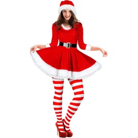 Geyoga Santa Claus Costume Set Velvet Dress with Belt Women's Xmas Striped Tights Santa Hat Set Dress Cosplay (Red,Small)