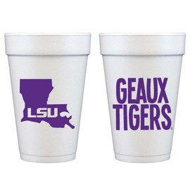 Louisiana State University (LSU) Foam Disposable Cups 10 Pack - Geaux Tigers foam Cups 16 oz - Louisiana Map printed Disposable Coffee Cups - Elegant party cups for gatherings, graduation parties etc