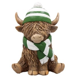Happy Highland Cow Ornament – Green & White Football Scarf & Hat, Perfect for Celtic F.C. & Connacht Rugby Fans, Durable Resin with Protective Base, 12cm Gift-Ready Figurine