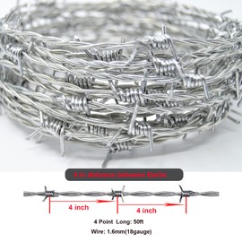 YAGJIA Barbed Wire 50 Ft, 4 Point Barbed Wire Fence, Hot-Dip Galvanized Barb Wire Roll, 18 Gauge Strong and Flexible Wire for Crafts Baseball Ball and Yard Garden