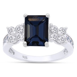 SAVEARTH DIAMONDS 8x6MM Emerald Cut Simulated Blue Sapphire With Princess & Round Cut Sparkling White Cubic Zirconia Cluster Engagement Ring For Women In 14k White Gold Over Sterling Silver-7