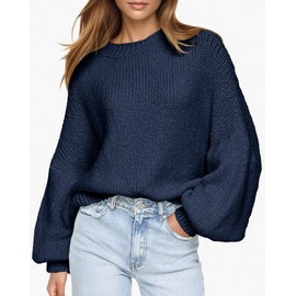 Saodimallsu Womens Oversized Sweaters Casual Lantern Long Sleeve Mock Neck Chunky Knit Loose Fall Pullove Tops Navy