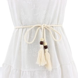 FAIRYGATE Womens Braided Belt Beige Waist Belt Beads Tassel Thin Chain Woven Belts for Dress Wedding Party Dance Show A1317