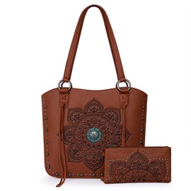 Montana West Western Tooled Tote Bag for Women Mandala Pattern Shoulder Top Handle Handbag Studded Purse with Wallet Set MWC-144W-BR