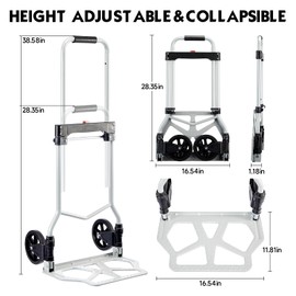 Folding Hand Truck Dolly Cart Portable Foldable Aluminum Luggage Cart Trolley Cart Black Load 260 lbs, with Black Bungee Cord, Telescoping Handle,Solid Aluminium Wheel suspensions, Double Bearings