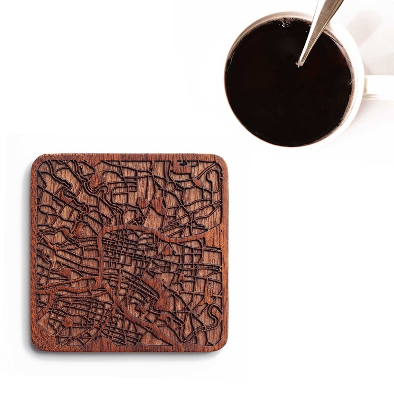 Glasgow Map, Sapele Wood Coasters, Set of 4, City Map,