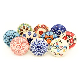 ETHNICITI 10 x Multicolour Flower Handpainted Round Ceramic Door Knobs Cupboard Drawers Cabinets Wardrobe Assorted Vintage Shabby Chic Kitchen Bedroom Living Furniture Dresser Pulls Handles - Design 2