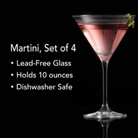 Mikasa Cheers 10-Ounce Martini Glasses, Fun Etched Designs, Durable Clear Glass Cocktail Glassware, Set of 4, Perfect for Entertaining and Gifting
