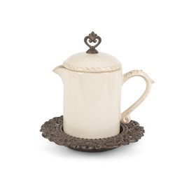 GG Stonewr Sauce Jar w/Metal Bse Other Decor, 7.75InL x 7.75InW x 8.13InH, Cream