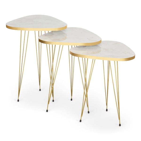 Bravich Set of 3 Side Coffee Tables, Nesting Tables, Triangle End Tables, Metal Gold Colour Legs, White Marble Effect Top for Living Room, Dining Room, Bedroom, Modern Style