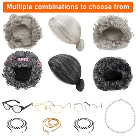 9 Pcs Old Lady Party Costume Set Grandma Granny Wig Cosplay Set Old Lady Cosplay Pearl Necklace Sets Grey Wigs for Women
