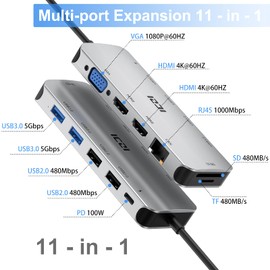 USB C Hub, Docking Station with Dual HDMI, ICZI 11-in-1 USB C Multiport Adapter, 2 HDMI 4K, 4 USB 3.0/2.0, RJ45, VGA 1080P, PD 100W, SD/TF Card Reader