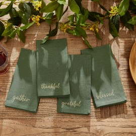 Elrene Home Fashions Harvest Fall Sentiment Embroidered Napkins, Set of 4, 17"x17", Green