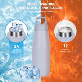 Longiang Stainless Steel Water Bottle 580 ml/1080 ml - Leak-Proof, BPA-Free, Double-Walled Thermos Flask, 24 Hours Cold, 12 Hours Hot - Water Bottle for Outdoor, Fitness, Sports (Light Grey, 580 ml)