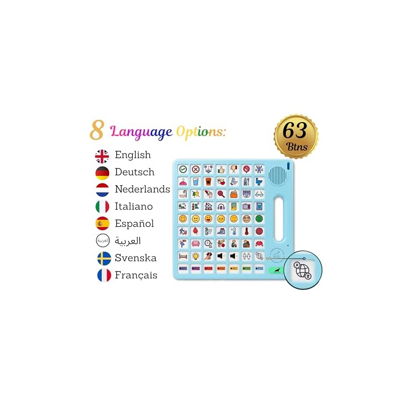 8 Languages AAC Device for Autism, 63 Buttons, Communication Board