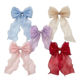 5PCS Mermaidcore Satin Hair Bows for Women Girls, Large Long Tail Ribbon Barrettes Bow Clips, Elegant Festival Party Hair Accessories (Blue, Beige, Purple, Pink, Red)