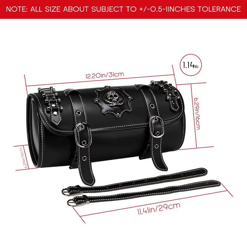 Achilioson Motorcycle Tool Bag, Black PU Leather with Skull Design,