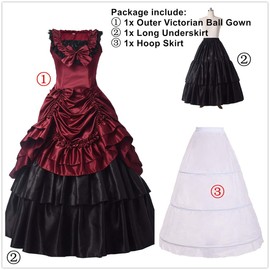 BPURB Womens Victorian Costume Renaissance Gothic Gown Ball Gown with Petticoat (M, Red/Black)