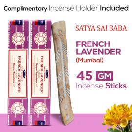 Satya French Lavender Incense Sticks, Satya sai Baba Insenses 15gmx3 (45 gm) Pack with Raajsee Incense Holder Bundle, Satya Nag Champa Natural Incense