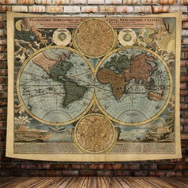 Vintage World Map Tapestry, Antique Old Nautical Map of the World Wall Art, Historical Atlas Geography Retro Wanderlust Pirate Tapestry Wall Hanging for Bedroom Living Room Dorm, 60X50in, Brown Tan