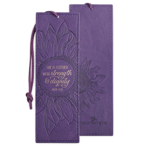 Christian Art Gifts Faux Leather Bookmark She is Clothed Strength Dignity Proverbs 31:25 Bible Verse, Purple