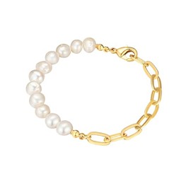 Yokoamii Women's 14 Carat Yellow Gold-Plated Metal Bracelet with Baroque Freshwater Cultured Pearl Approx. 8.0-8.5 mm Link Bracelet / Pearl Bracelet