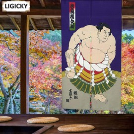 LIGICKY Noren Japanese Style Doorway Curtain Sumo Wrestler Printed Window Treatment Door Tapestry for Home Decoration 33.5" Width x 59" Long