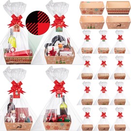 Cholemy 12 Sets Large Christmas Basket for Gift Empty Gift Basket Kit Presents Bags Empty to Fill with Handles Wine Bags Kraft Cardboard Tray for Christmas Birthday Party(Brown,Printed)