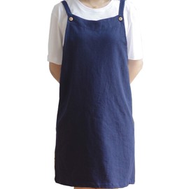Adjustable Japanese Style Kitchen Apron Cotton Linen with 2 Pockets Pinafore Apron for Women Chef Waitress Hairdresser Fits for Grill, Lacquer and Cross Back H Shoulder Strap Navy Blue
