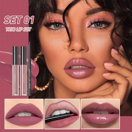 Set De Brillo Labial 3 En 1 Con Lápiz Labial Mate, Brillo Hidratante Y Delineador De Labios De 2 Mm. Labial Líquido De Larga Duración. Labial Voluminizador. Brillo Labial Suave Y Cremoso(01
