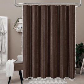 BTTN Boho Shower Curtain, Bohemian Linen Fabric Heavy Duty Striped Shower Curtains Set with Tassel, Water Repellent, Farmhouse Aesthetic Shower Curtain for Bathrooms with Hooks, 72"x72", Brown