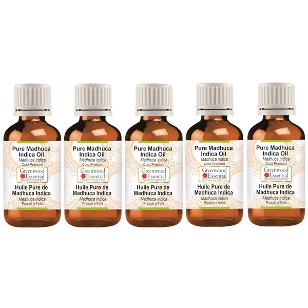 Greenwood Essential Natural Pure Madhúca Indica Oil (Madhuca Indica) Natural Pure Therapeutic Quality Cold Pressed (Pack of Five) 100 ml x 5 (16.9 oz)