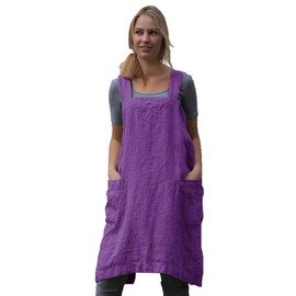 Women's Pinafore Square Apron Baking Cooking Gardening Works Cross Back Cotton/Linen Blend Dress with 2 Pockets Purple-L