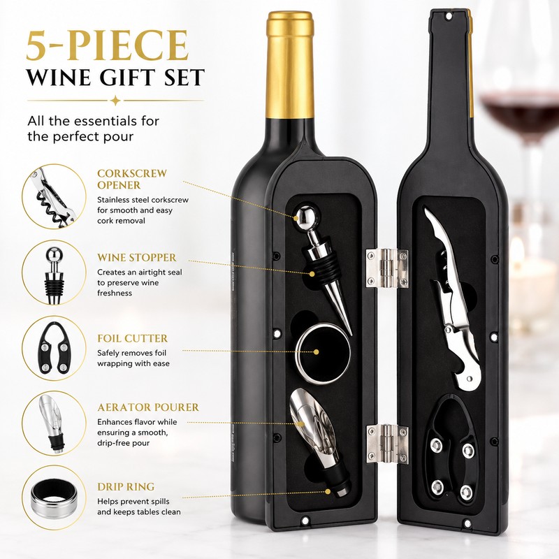 5-Piece Wine Accessory Set for Home Bars – Bottle-Shaped Corkscrew