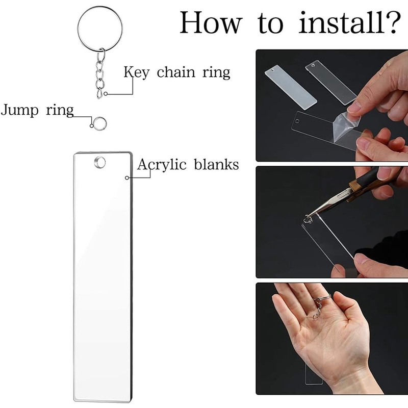 Shusmda 120 Pieces Rectangle Acrylic Key Chain Blank Transparent Acrylic