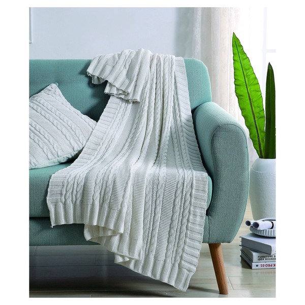 VCNY Home DUI-THR-5070-BB-WH Dublin Cable Knit Throw, 50 x 70, White, 50x70