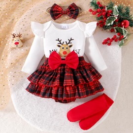 Ovmxqso Newborn Baby Girl My First Christmas Outfit Deer Print Romper Buffalo Plaid Skirt Tutu Dress Leg Warmers Cute Clothes (Plaid,6-9 Months)