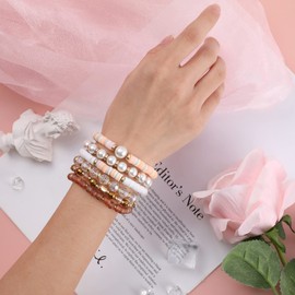 Bohemian Beaded Bracelets for Women Stackable Clay Beads Pearl Bracelets Set Colorful Stretch Elastic Glass Beads Layering Heishi Surfer Friendship Bracelets Summer Beach Boho Ocean Jewelry Gift