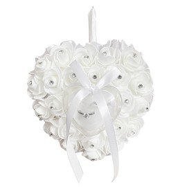COSLANLEE Wedding Ring Pillow, White Ring Bearer Pillow Lace Crystal Rose Wedding Heart Ring Box Ring Holder