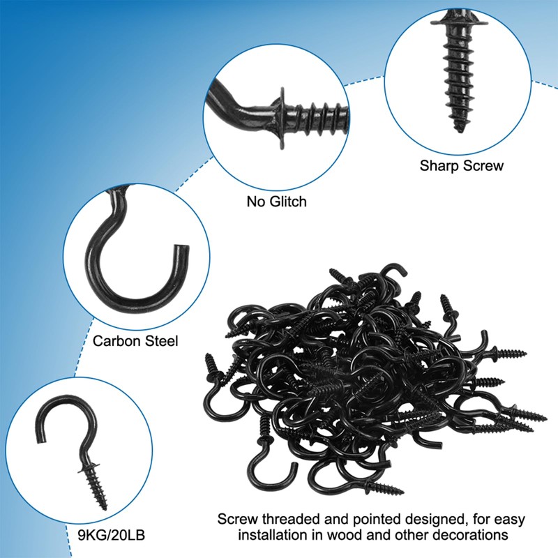 Pack of 120 Small Screw Hooks, Black, 3/4 Inch Cup