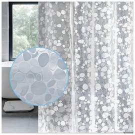 LEMON CLOUD Shower Curtain Anti-Mould - Transparent with Weight Magnets Bottom, 240 x 200 cm PEVA Waterproof Bath Curtain 3D Pebble Plastic Shower Curtain for Bath with 16 Rings
