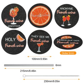 6 Stück Filzuntersetzer Rund, mit Edelstahlstrohhalm und Reinigungsbürste, mit Mandarinenmuster, Weintischdekoration, Geeignet für Bars, Restaurants, Cafés