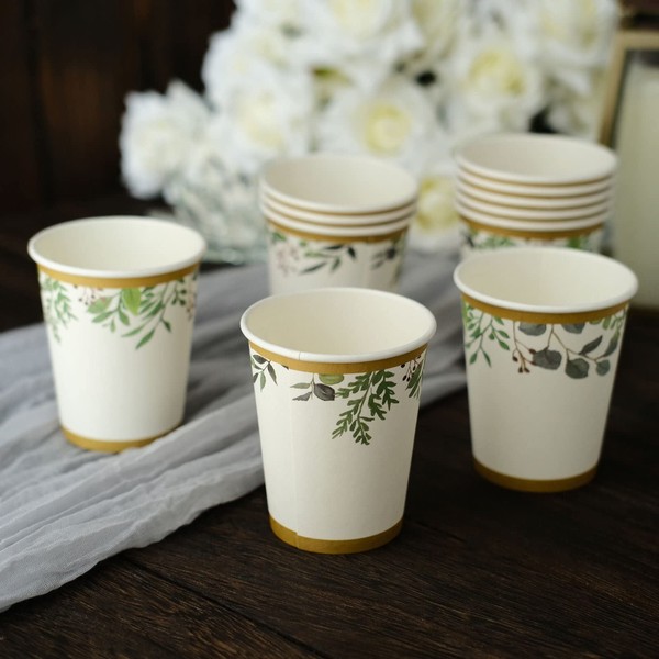 Efavormart 24 Pack | 9oz White Tropical Greenery Boho Party Disposable Cups, Eucalyptus Paper Cups With Gold Rim - 250 GSM