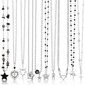 Sureio 10 Pcs Y2K Gothic Necklace Set Silver with Star Teeth and Heart Jewelry Gothic Black Eight Billiards Necklace for Women Emo and Scene Accessories
