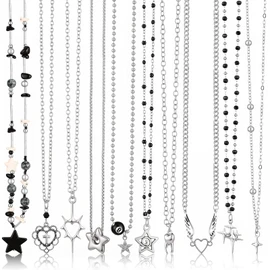 Sureio 10 Pcs Y2K Gothic Necklace Set Silver with Star Teeth and Heart Jewelry Gothic Black Eight Billiards Necklace for Women Emo and Scene Accessories