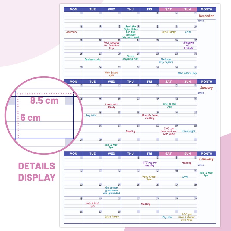 Wall Planner Undated - Large Three Monthly Dry Erase Reusable