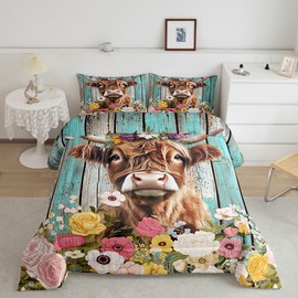 Feelyou Kids Highland Cow Bedding Set Twin Size, Highland Cattle Comforter Set Boys Girls Flower Duvet Insert Teens Bedroom Decor with 1 Pillow Case
