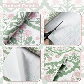 LUKUUI Pink Wallpaper, Rattan Weaving Floral Peel and Stick Wallpaper Boho Wall Paper Morris Style Removable Self Adhesive Bathroom Bedroom Thicken 17.3" x 78.7"