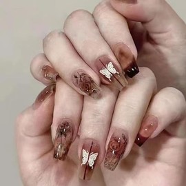 Hkanlre Rojo Oscuro Presione En Las Uñas Ataúd Francés Uñas Falsas Consejos Cubierta Completa Mariposa Mediano Uñas Falsas para Mujeres y Niñas 24Pcs